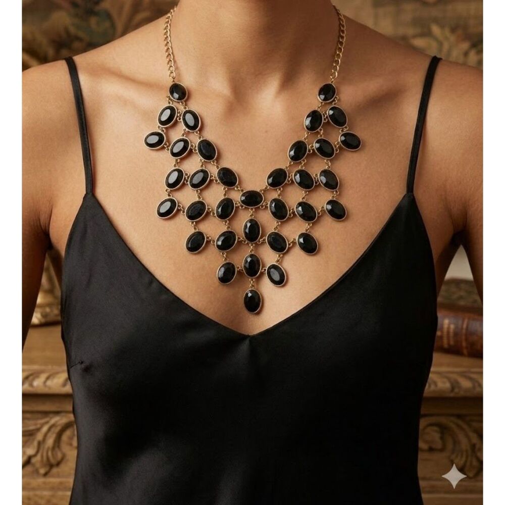 Black Geometric Cascading Bib Necklace Statement Tiered Cabochons Gold Tone 16"